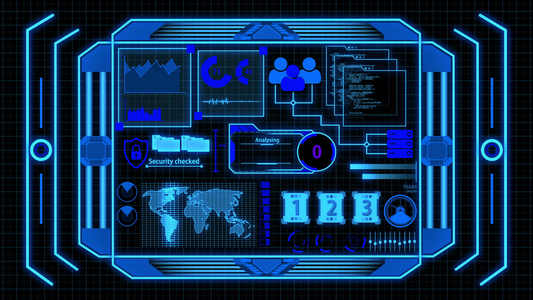 带有蓝色数据分析详细信息的屏幕包括加载条世界地图网络安全视频