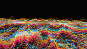 未来派抽象红蓝黄波形球振荡可视化波技术数字表面与粒子21秒视频