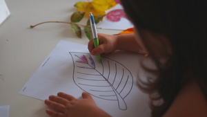 小女孩用笔在纸纸纸上涂着大叶子的彩色9秒视频