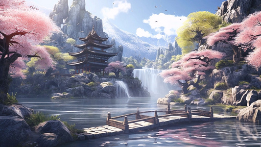 唯美仙侠中国风山水建筑背景视频视频