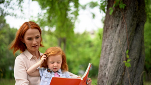快乐的年轻母亲与女儿一起在户外阅读26秒视频