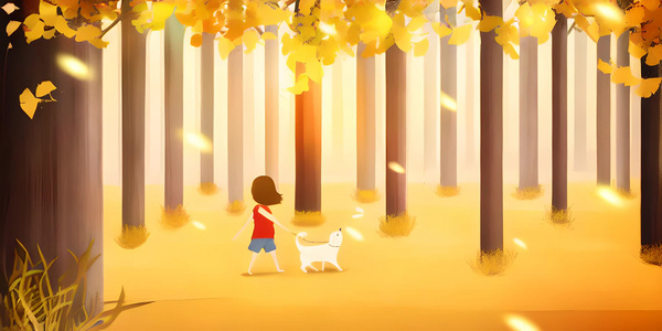 森林里遛狗的女孩视频