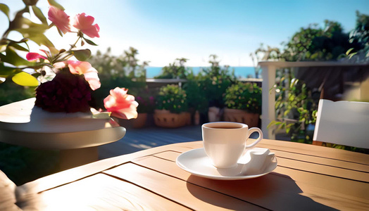 美丽的露台花园早晨咖啡视频