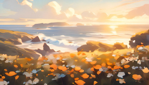 海边开满鲜花的山坡映衬着美丽的夕阳卡通风景4秒视频
