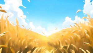 蓝天白云下的成熟的金色卡通麦子4秒视频