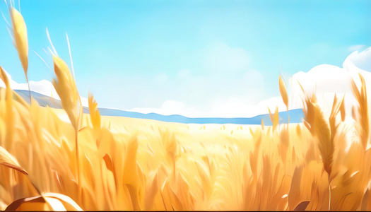 卡通金色的麦子地万里无云的蓝天数字艺术视频