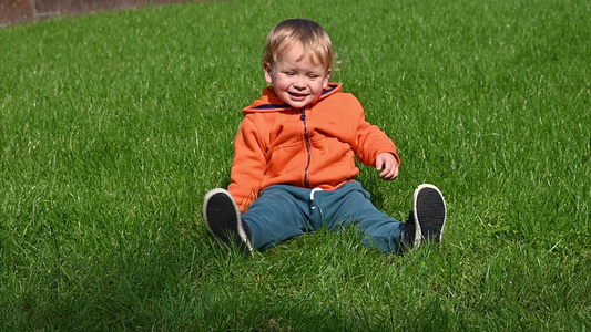 小男孩在草地上玩橄榄球视频