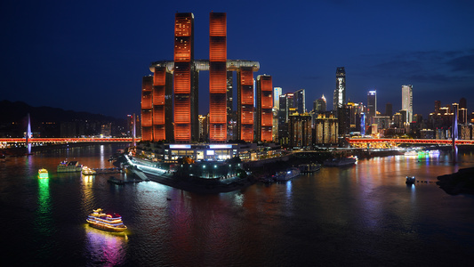 航拍重庆地标建筑夜景江景4k素材视频