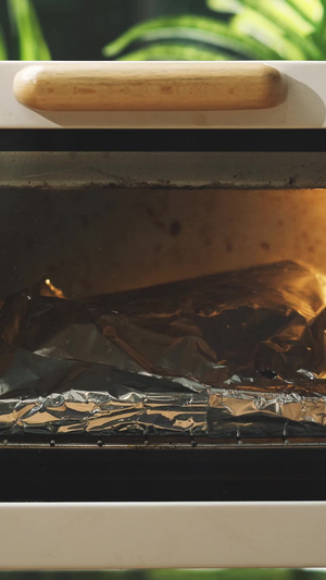 羊肉放入烤箱和羊肉在烤箱内烤制的场景烤羊肉21秒视频