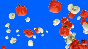 红辣椒和蘑菇在蓝色屏幕上缓慢飞动14秒视频