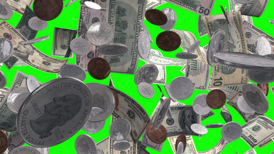 绿屏幕上下雨钱和硬币视频