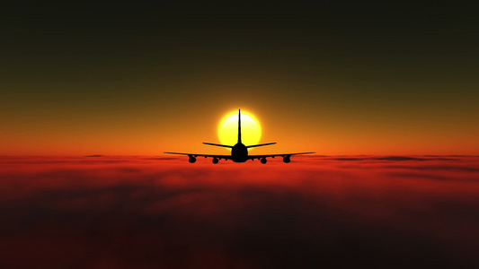 飞机飞越云层日落上空视频