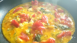 煎锅里有蔬菜的成熟煎蛋卷早餐18秒视频