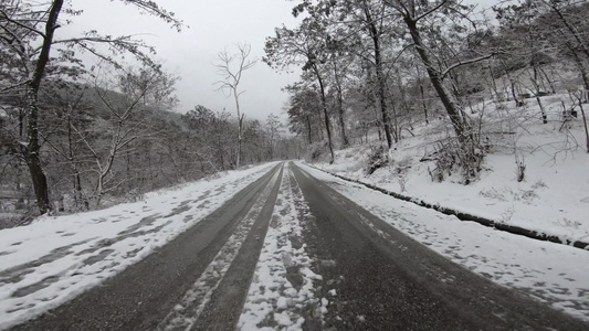 在白色和雪地的路上驾驶一辆汽车风势强劲视频