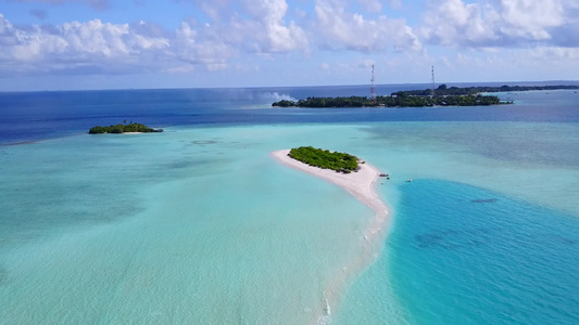 通过透明的海洋和白色沙滩背景对旅游海滩野生生物进行视频