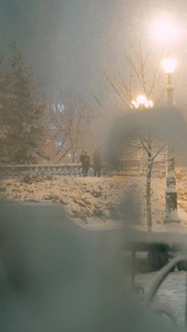 圣诞节夜晚城市街头飘落雪花视频