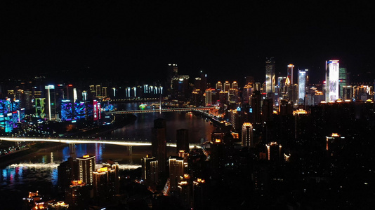 重庆江景桥梁夜景航拍视频