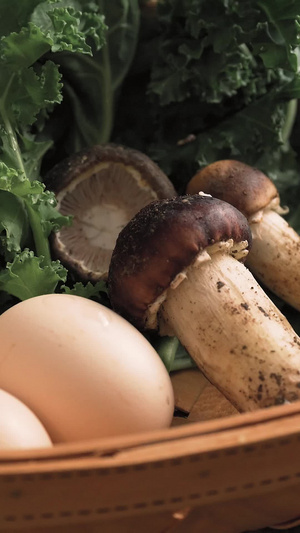 美食食材摆放竹筐里的菜放蘑菇8秒视频