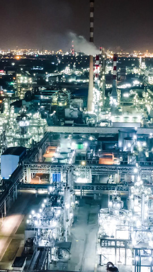 航拍石油化工厂工业生产污染排放夜景延时摄影化工企业10秒视频