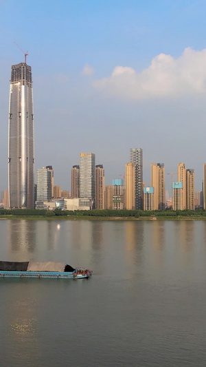航拍蓝天白云下的武汉最高建筑绿地中心和长江风光武汉绿地中心36秒视频