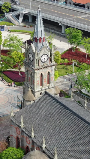 宁波地标建筑江北天主教堂航拍视频宁波江北天主教堂36秒视频