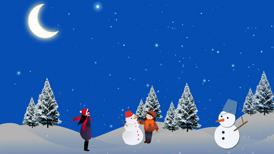 卡通冬季夜晚雪景视频