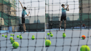网球场内练习挥拍的男生23秒视频