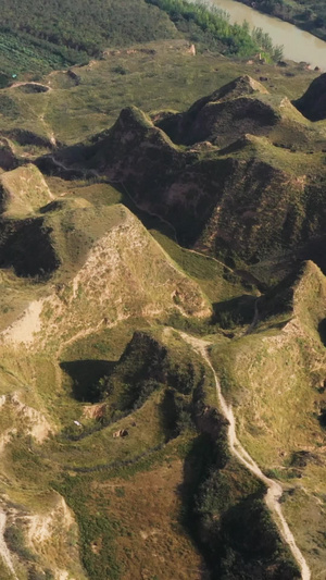 陕西黄土高原河流湿地地质地貌特征丘陵航拍素材地质勘探80秒视频
