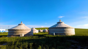 4k实拍蓝天白云下碧绿的草原上散落的蒙古包群54秒视频