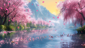 春天池塘湖面粉色大树繁花飘落41秒视频
