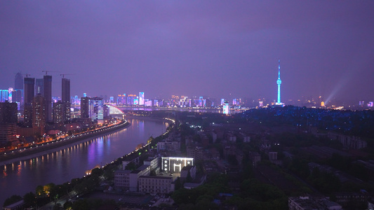 航拍城市江景夜晚灯光秀街景4k素材视频