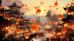 孔明灯中国风夜景LED背景动画40秒视频