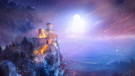 动态城堡夜空月亮星光粒子背景视频元素视频