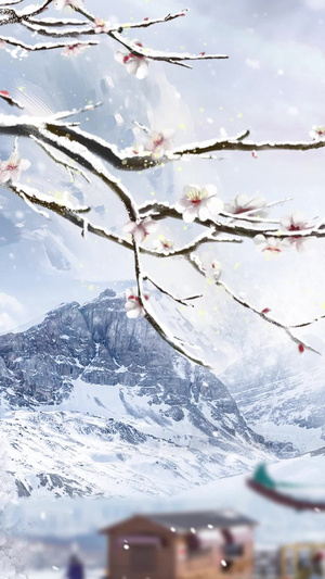 中国风大寒冬季红梅花背景视频古建筑40秒视频