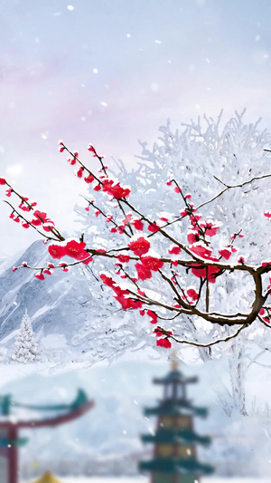 中国风大寒冬季红梅花背景视频古建筑40秒视频