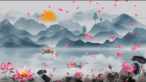 中国风山水画花瓣飘落背景20秒视频