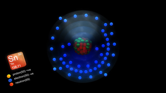 具有元素符号数量质量和元素类型颜色的锡原子视频