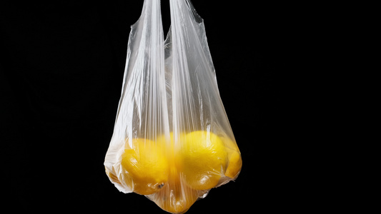 熟熟的黄柠檬在黑色背景的透明塑料袋里视频