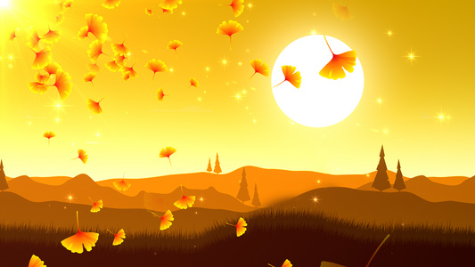 金色远山银杏叶飘落秋天背景视频