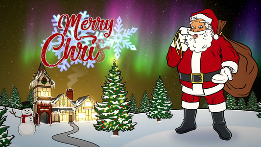 夜间在北极带圣塔的圣诞老人动画卡视频
