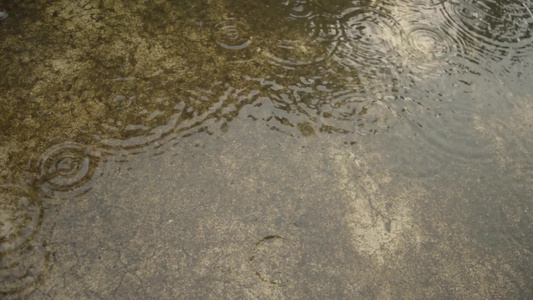 季风雨落在地上轻大雨滴落在混凝土屋顶表面录像雨落音效视频