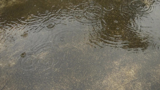 季风雨落在地上轻大雨滴落在混凝土屋顶表面录像雨落音效视频