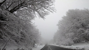 冬季在下雪乡村公路上驾驶第一视角车天气恶劣雾能见度低19秒视频