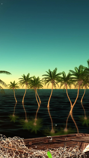 三维黄昏海边椰树背景热带海域背景30秒视频