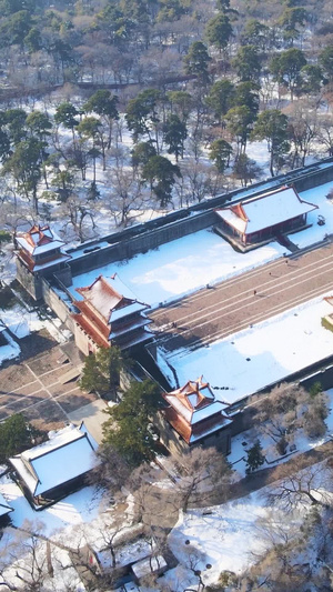 航拍俯瞰历史遗迹盛京东陵公园雪景25秒视频