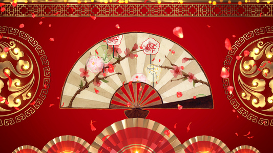 4K中国风扇子金色花纹背景视频