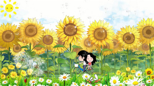 卡通儿童男孩女孩爱情向日葵背景15秒视频