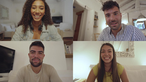 两对千禧一代幸福的夫妇在开始和结束时在视频通话中聊天50秒视频