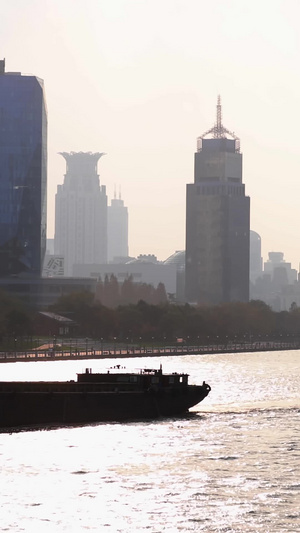 夕阳下江面上的轮船剪影黄浦江10秒视频