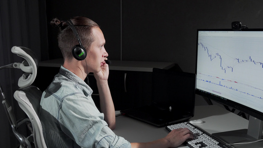 青年男子使用耳机和麦克风夜间在网上工作视频